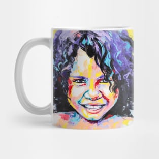 Portrait of a girl with dark hair on a bright background. Mug